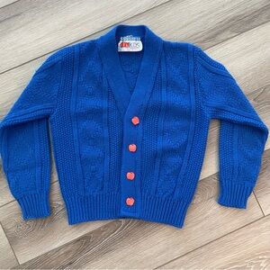 McKids Vintage Kid Size 5-6 Blue Knit Cardigan Sweater with Pink Apple Buttons